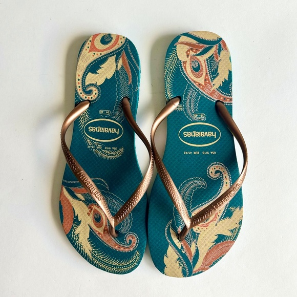 Havaianas Green Gold Orange Rubber Flip Flops size 9 - Picture 1 of 10